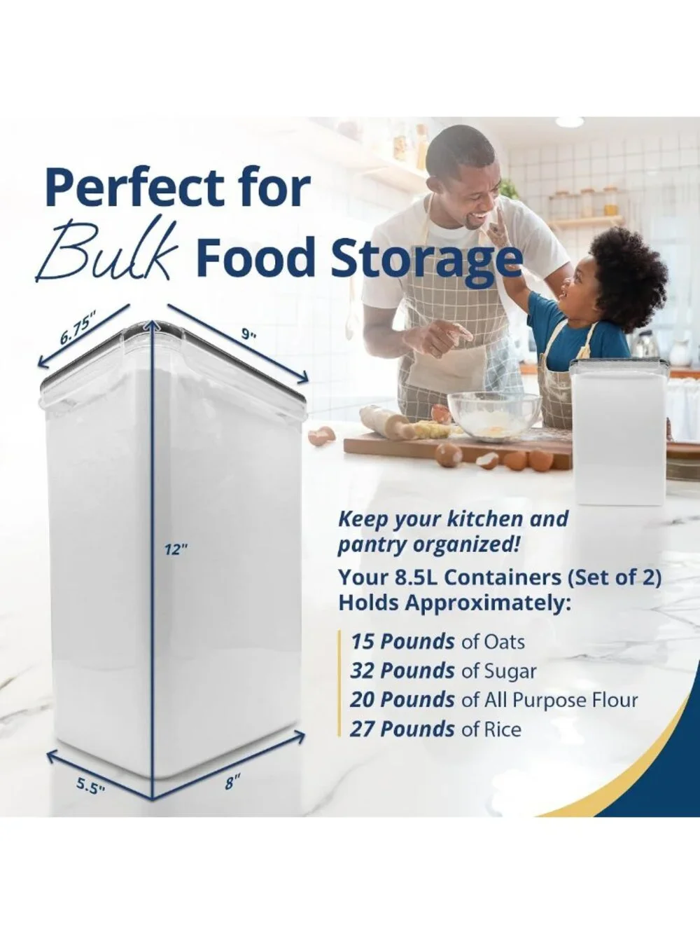 Airtight Stackable Food Storage Containers - 8.5L for Flour & Sugar (2 Pack)